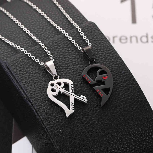 

romantic couple love key necklace fashion puzzle heart shape pendant women mens jewelry valentines day gift, Silver