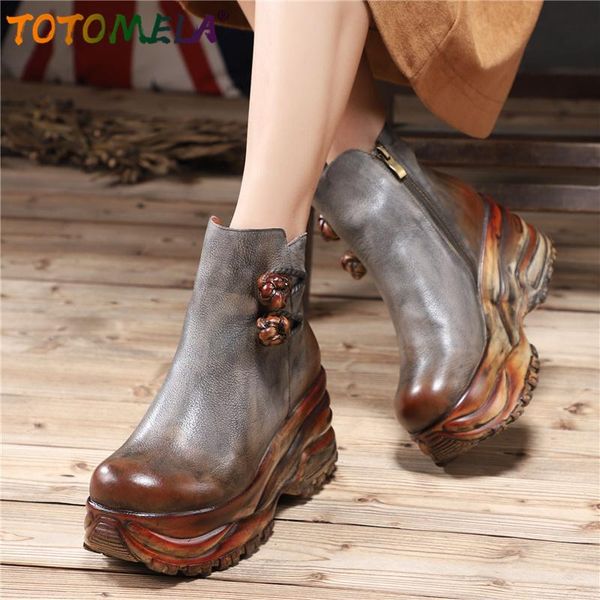 

boots 2021 autumn winter boot genuine leather ankle women round toe thick bottom retro platform ladies casual shoes, Black