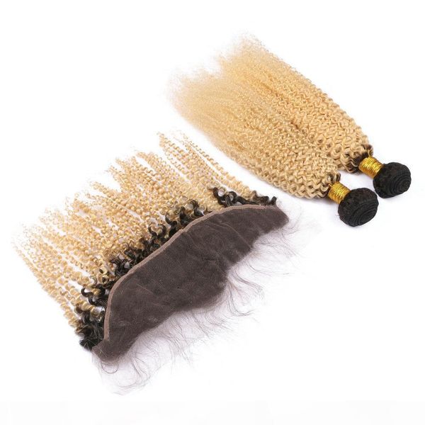 

peruvian blonde ombre human hair weaves with frontal kinky curly 2pcs 1b 13 blonde ombre bundles deals with 13x4 lace frontal closure, Black;brown