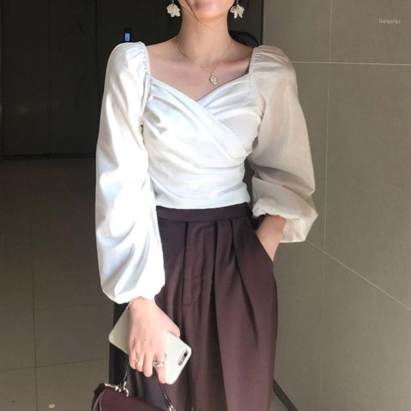 

fluwelen v-hals vrouwen blouses solid geplooide lantaarn mouwen blusas mujer korte kantoor dame 2020 lente shirts1, White