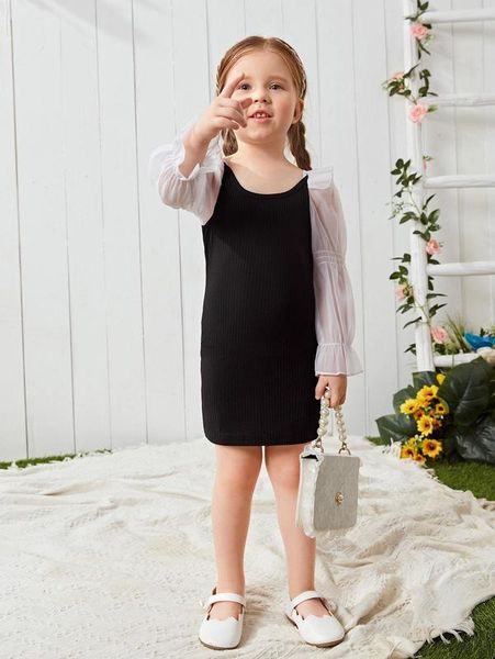 

toddler girls rib knit contrast mesh ruffle trim flounce sleeve dress she, Red;yellow