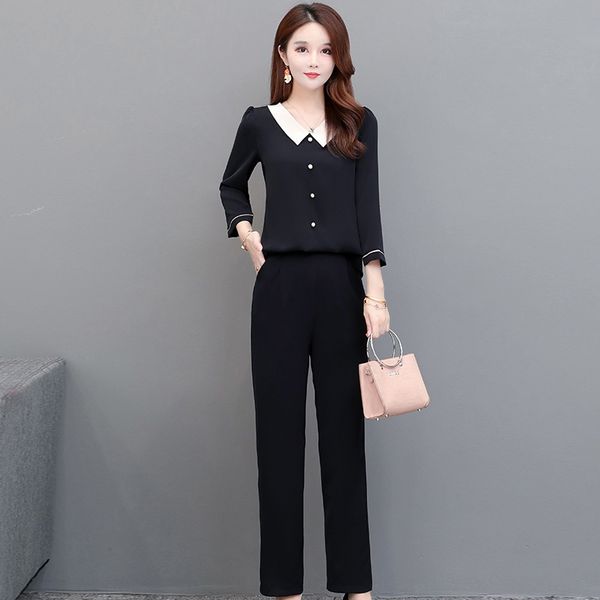 

fashionable two piece suit for women's fall 2020 new style slim temperament long sleeve baby collar pantsdoll casual pants chiffon shir, Gray