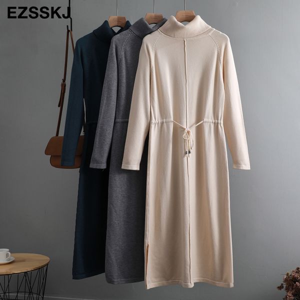 

autumn winter women turtleneck loose long sweater dress robe knitted sweaters drawstring dress female oversize maxi dress c1009