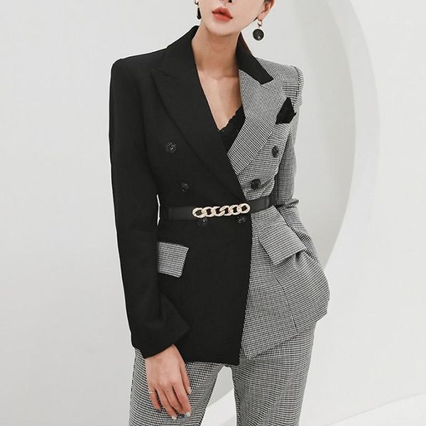 

2020 autumn elegant patchwork women pant suits slim houndstooth jacket high waist trousers vintage female blazer set1, White