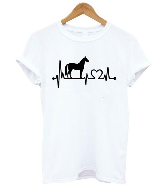 

horse heartbeat line print t shirt women short sleeve o neck loose tshirt summer fashion women tee shirt clothes, White