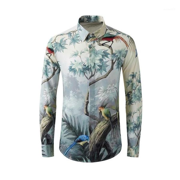 

men's dress shirts men's cotton 2021 long sleeve print tree bird famous personality flowers korean shirt size -xxl xxxl 4, White;black