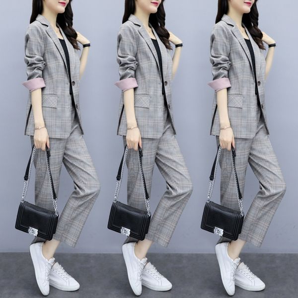 

plaid plaid dresssuit clothing women's 2020 autumn new korean style casual british style temperament professional internet celebrity wo, Gray