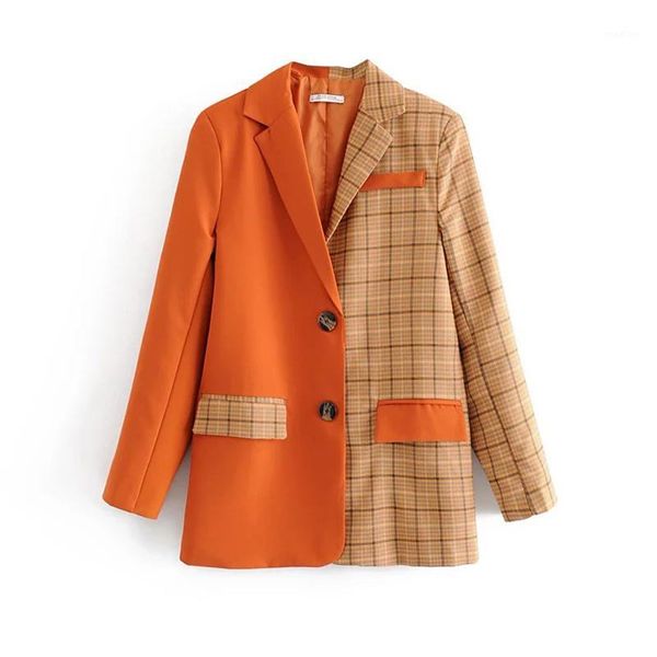 

plaid stitching suit blazer jacket women fashion long sleeve coat women elegant single breasted jacket suits female ladies1, Black;brown