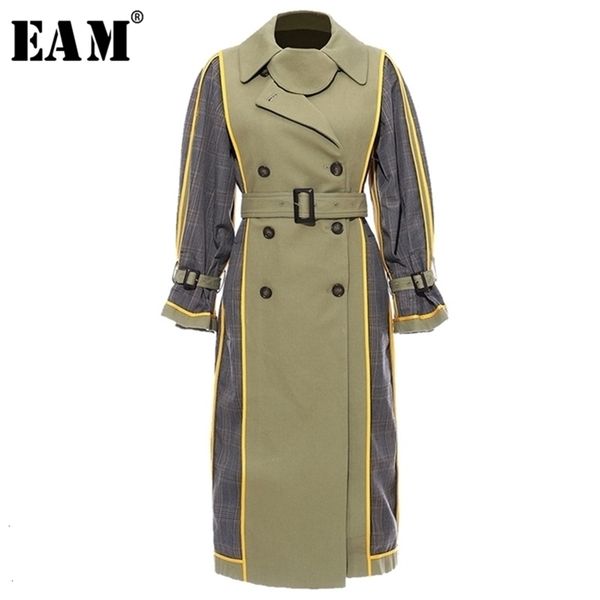 

[eam] women plaid spilit both side wear trench new lapel long sleeve loose fit windbreaker fashion tide spring autumn 2021 1h848 201226, Tan;black