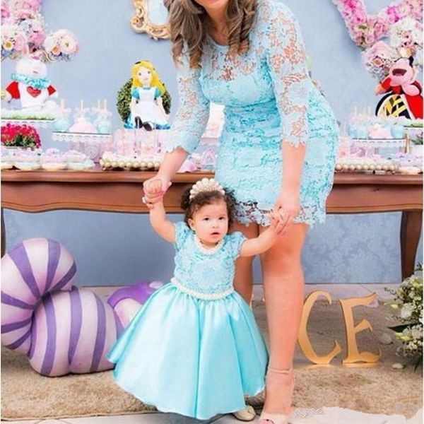 New Mother and Daughter Dresses Pearls Jewel Neck Lace Zipper Back Wedding Party Gowns Lovely Princess Birthday Gowns for Girls