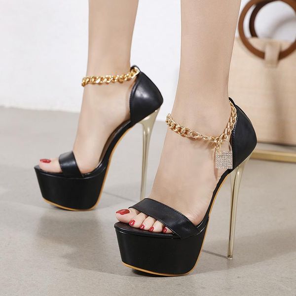 

super thin high heels sandals pumps open toe metal chain rhinestone design platform shoes woman gold thin high heels party pumps, Black