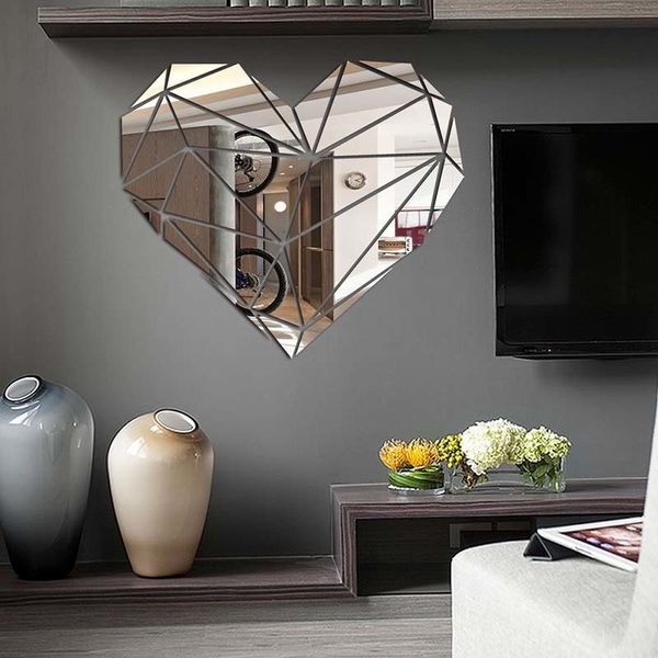 Cuore acrilico specchio adesivi murali 3D creativo geometrico puzzle cuore decorazione della casa soggiorno camera da letto arte parete acrilico Decor 201130
