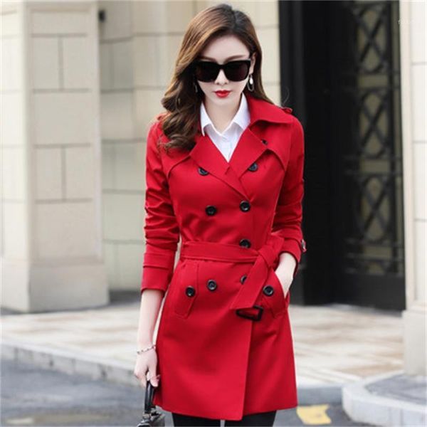 

spring and autumn new women's double-breasted windbreaker large size long solid color fashion temperament slim coat1, Tan;black