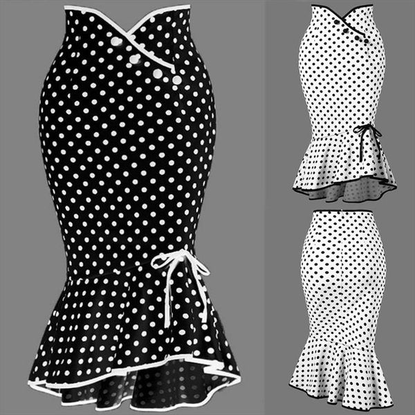 

summer fashion women high waist lady office skirt slim fit polka dot mermaid skirt trumpet ruffle women work office, Black