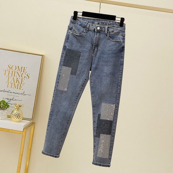 Yeni Varış Kore Moda Kadınlar Yüksek Bel Elastik Denim Kalem Pantolon Pullu Tasarım Ince Kalça Rahat Skinny Jeans Artı Boyutu S956 201030