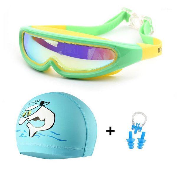 

diving masks sg009 children's big frame waterproof anti-fog swimming goggles three-piece pu cloth dolphin cap nose clip earplugs1