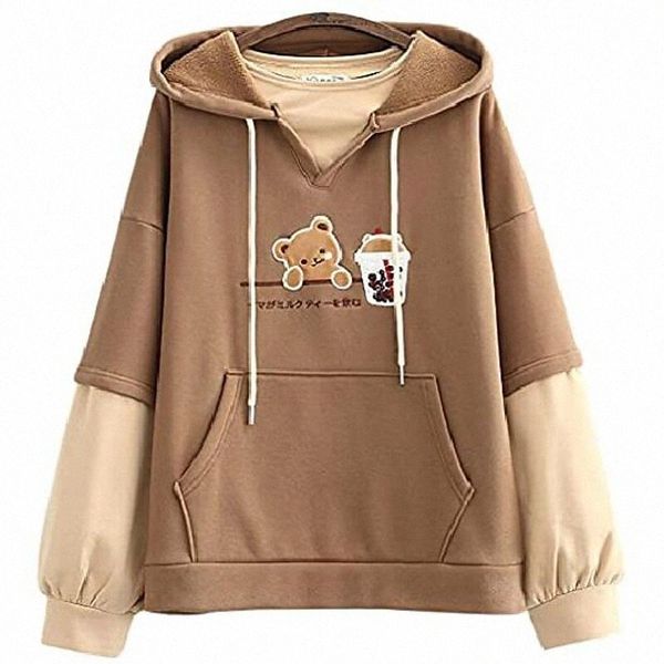 

fashion harajuku women clothes kawaii bear aesthetic pullover hoodies, brown,  n5qd#, Black