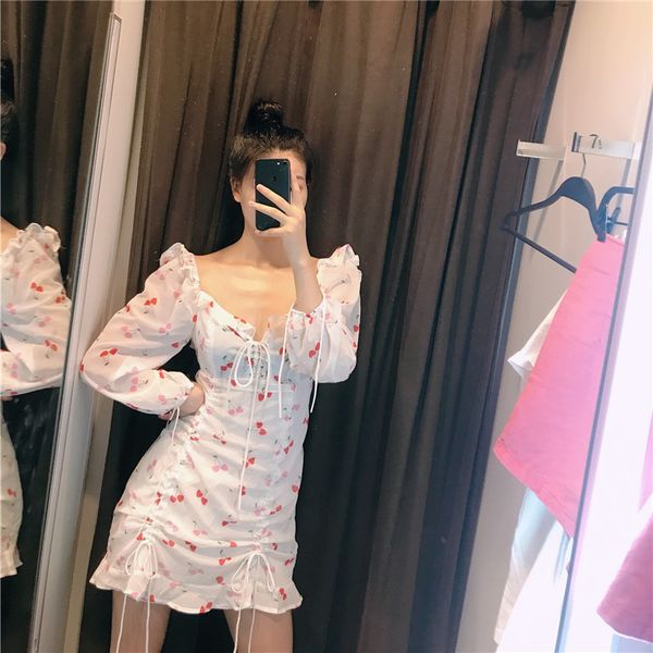 

2021 Sweet Cherry Drawstring New Spring Summer Lace-up Cord Plied Vintage Holiday Dress Short Dresses 00DC, Black;gray