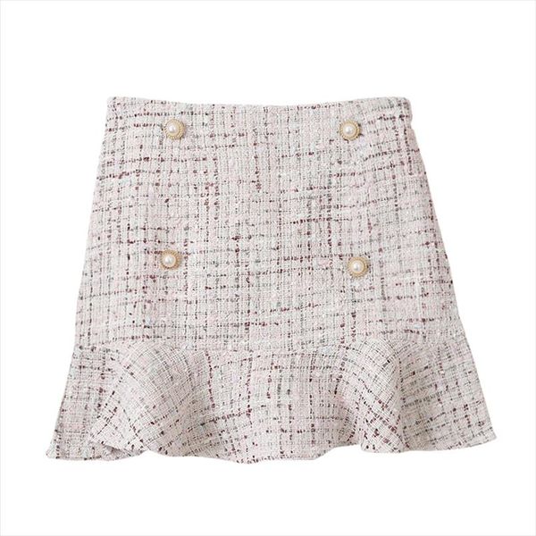 

new korean of high waist tweed skirt with button wool half length black skirt autumn winter drop shipping