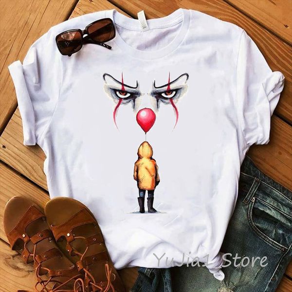 

funny it movie t shirt femme 2020 summer stephen king printed tshirt clown custom halloween pennywise t shirt women tee, White