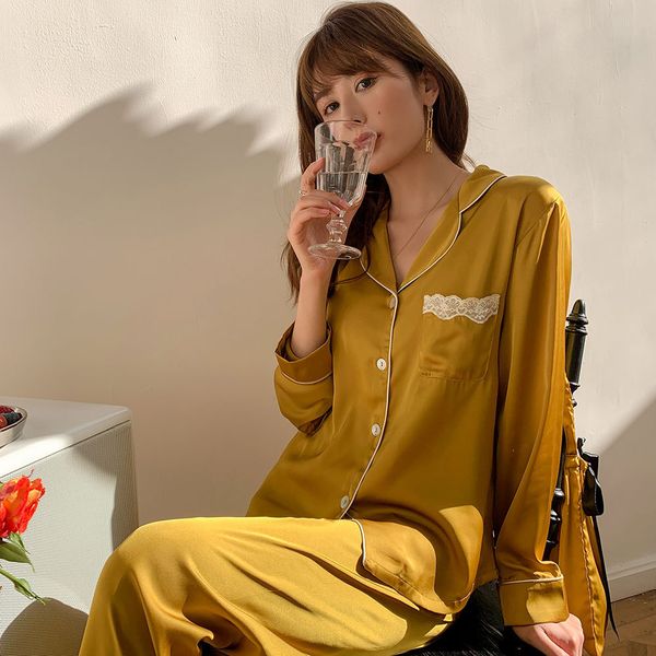 

elegant satin pyjamas ice sets of women's fashion korea silk sleeve long pajamas xb2r, Black;brown