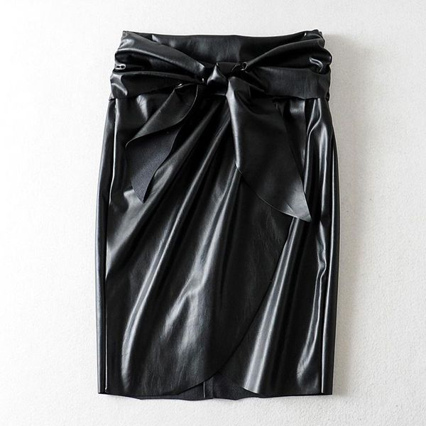 

rr pu leather tie belt skirt skirts women fashion faux leather women elegant asymmetrical mini skirts female ladies ji1, Black