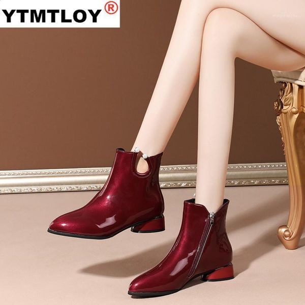 

boots women high heels patent leather ankle fashion thick heel slip on winter women's shoes zip red1, Black