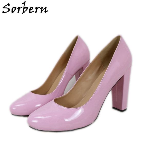 

sorbern pink shiny women dress shoes vintage round toe block high heel pump multi colors, Black
