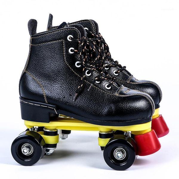 

factory sale directly black lether roller skates double row durable pu flash 4-wheel kids man woman outdoor shoes 36-451