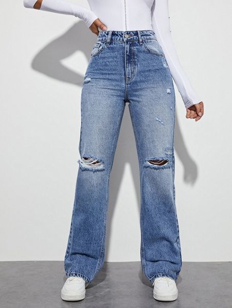 

high waisted ripped straight leg jeans u3j5#, Blue