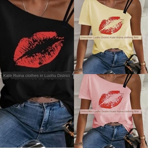 

2020 summer new red lip printing irregular strap t-shirt women's 5 strap shoulder strapt-shirt shoulder strapcolor 9 size ccqes, White