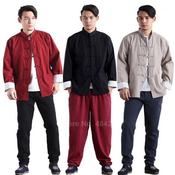 

cotton linen chinese traditional costumes tang suit for men retro vintage jacket shirt knot button mandarin collar outfits1, Red