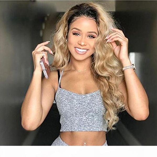 

zhifan 8-22inch long ombre black blonde human hair wig front lace wig natural wave hair wig, Black;brown