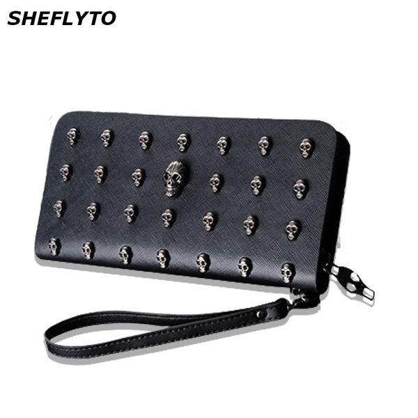 

new designer clutch metal skull women leather phone wallets female brand long purses girls money bags credit card holder