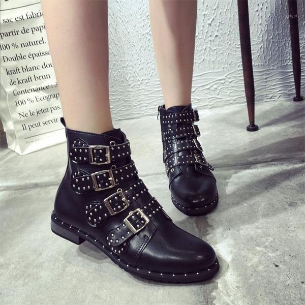 

woman chunky platform motorcycle booties leather high heel ankle boots women fashion boots rivets big head punk1, Black