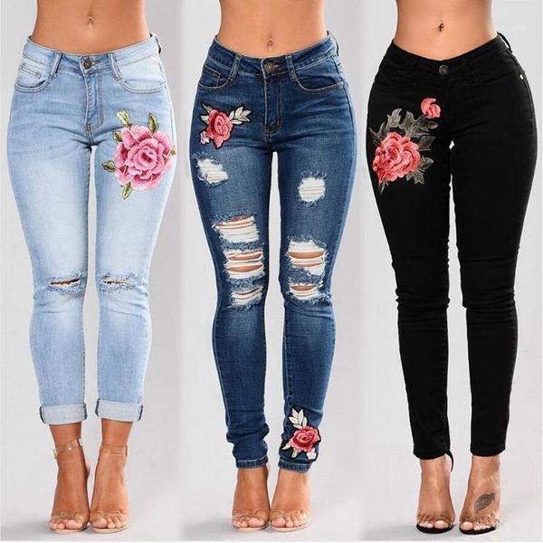 

flower embroidered women jeans stretch elastic jeans female pencil denim pants hole ripped rose pattern pantalon1, Blue