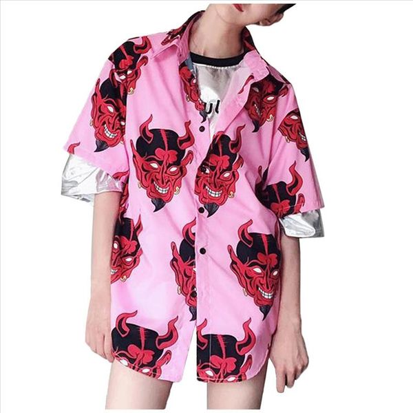

harajuku fashion womens short sleeve printed button shirt casual summer female punk gothic loose shirt blouse s 2xl p3, White