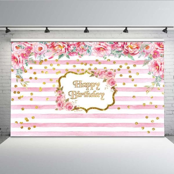 

background material mehofoto birthday party white pink stripe po backdrop booth studio floral customize g-4161
