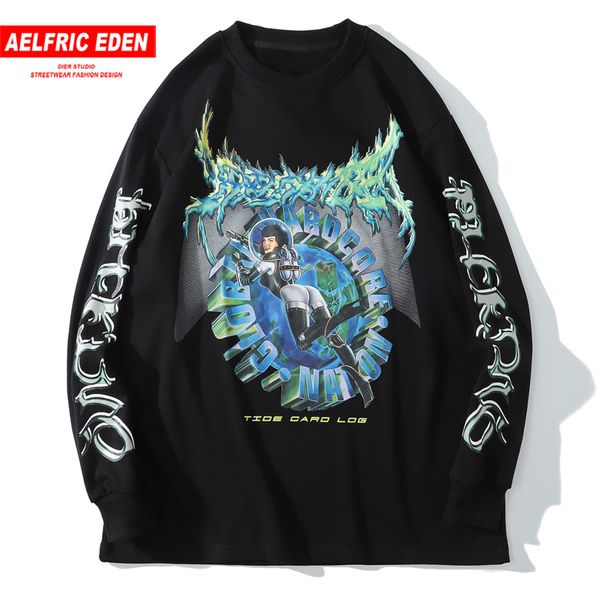 

vintage autumn pullover men streetwear hip hop printing sweatshirt men space girl print harajuku o-neck high street loose c0127, Black