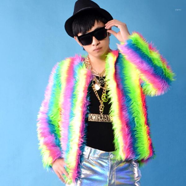 

colorful fur coat nightclub men dj mc show outfit feather jacket male singer costume bar gogo dancer rave stage wear vdb26531, Black;red
