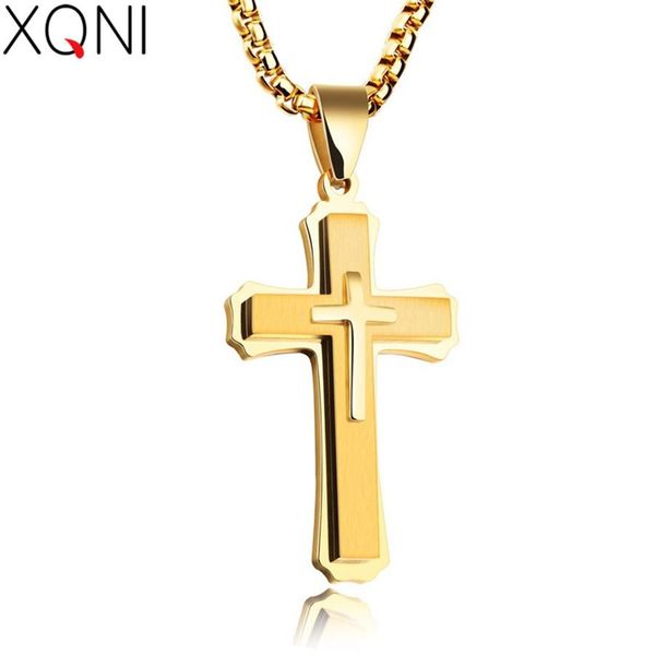 

гладкая крест goldblacksilver цвет двойной слой ожерелье для мужчин из нержавеющей стали классический дизайн бесплатная доставка blessing по, Silver