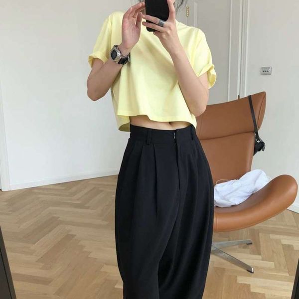 

high open summer waist new navel ins short t-shirt loose and thin, Black;gray