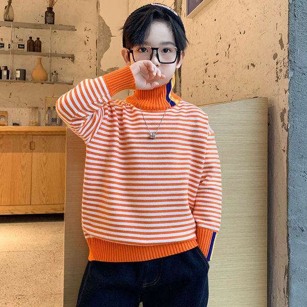 

boys' turtleneck pullover with cashmere thickening fashion autumn and winter korean zhongda children's striped sweater, Blue
