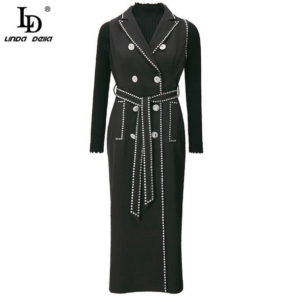 

ld linda della autumn designer elegant slim long trench coat women diamonds bead luxury belt fashion office lady winter overcoat, Tan;black