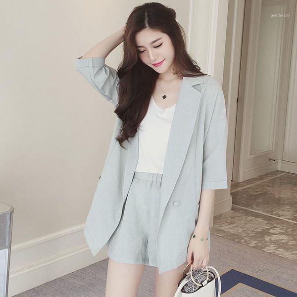 

women's two piece pants 2 pieces women shorts suit set cotton linen blazer office ladies half sleeve jacket coat + high waist pocket su, White