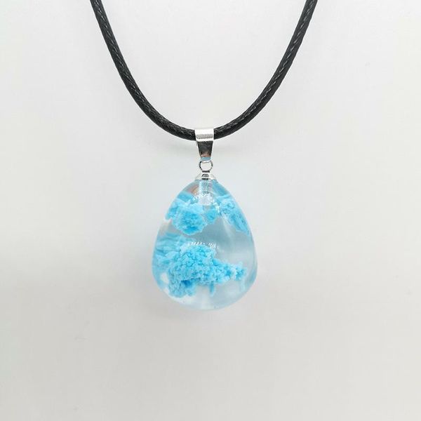 

pendant necklaces noctilucous blue sky and white cloud resin necklace creative water drop-shaped colorful sweater chain, Silver