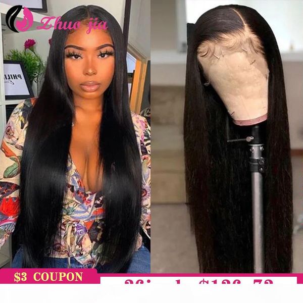 

zhuo jia 180 density straight lace front wig 13x4 pre plucked lace front human hair wigs with baby hair remy brazilian hair wigs, Black