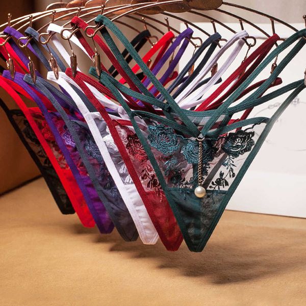 

flower embroidery net yarn strap cross panties with pearl pendant for women thongs g strings underwear, Black;white