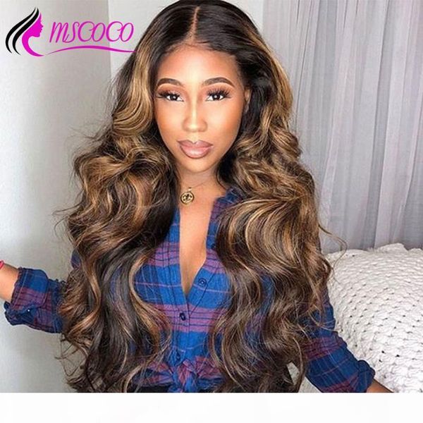 

mscoco hair highlight lace front human hair wigs ombre body wave wig 200 density lace wig 13x4 brazilian colored human wigs, Black;brown