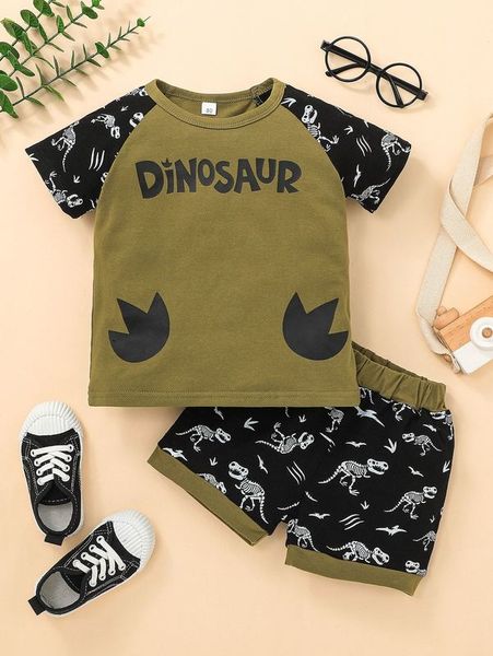 

toddler boys letter & dinosaur skeleton print raglan sleeve tee & shorts she, White